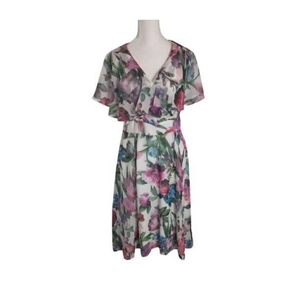 Maggy London Floral Capelet Sleeve Dress, Size 2 - Picture 2 of 5